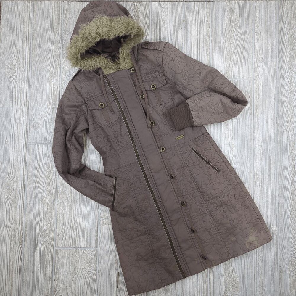 Vintage Billabong Women’s Medium Gray Long Overcoat Jacket Fur Hooded
